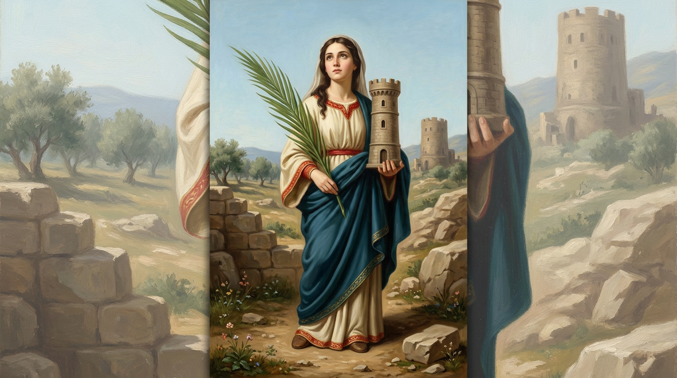 Jovem martir crista de vestes vermelhas e manto azul segurando uma palma ao lado de uma torre de pedra, em pintura sacra