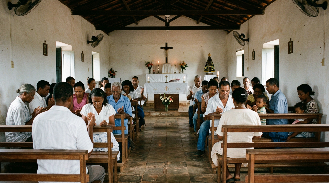 Comunidade catolica de diferentes idades reunida em oracao dentro de uma igreja simples e iluminada