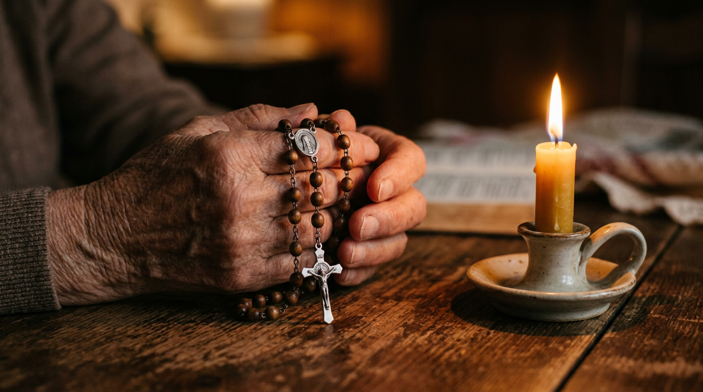 Maos idosas segurando um terco de contas com crucifixo ao lado de uma vela acesa sobre uma mesa de madeira