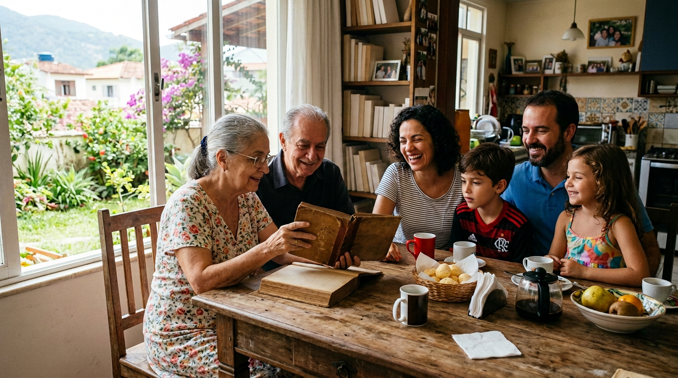 Família brasileira de três gerações reunida à mesa lendo um livro antigo em uma manhã de domingo