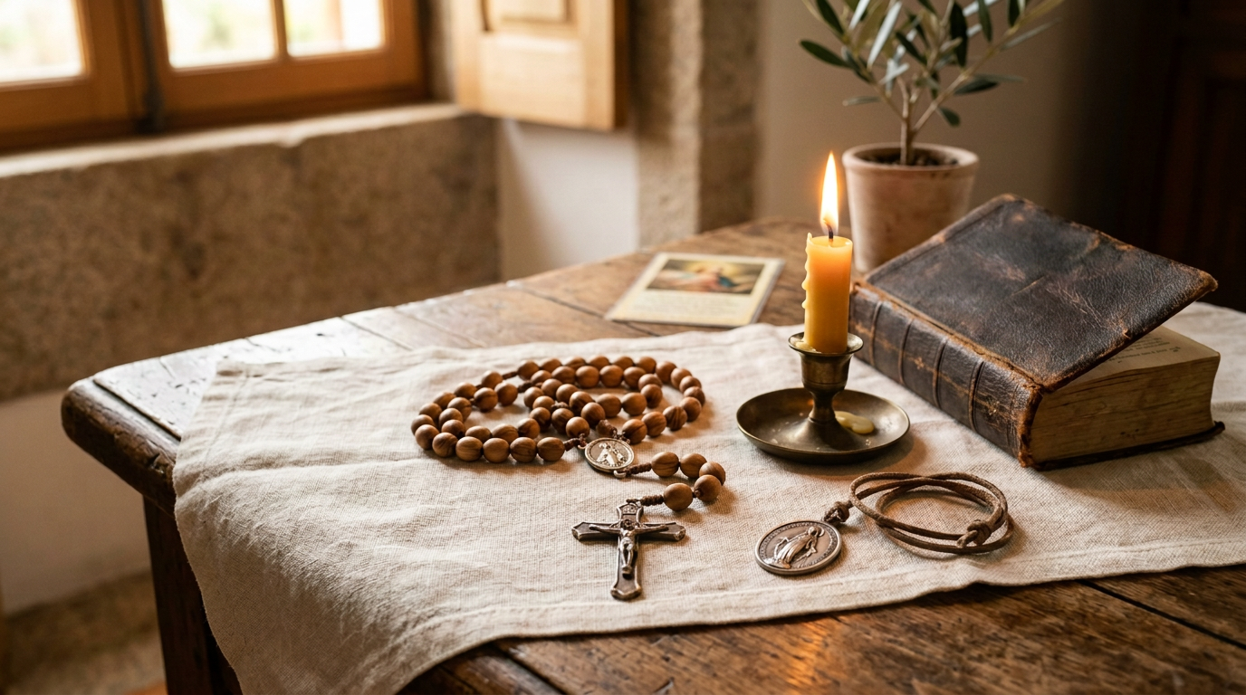 Terço, crucifixo, medalha, vela e livro de couro sobre uma mesa, como presentes religiosos de Batizado e Crisma