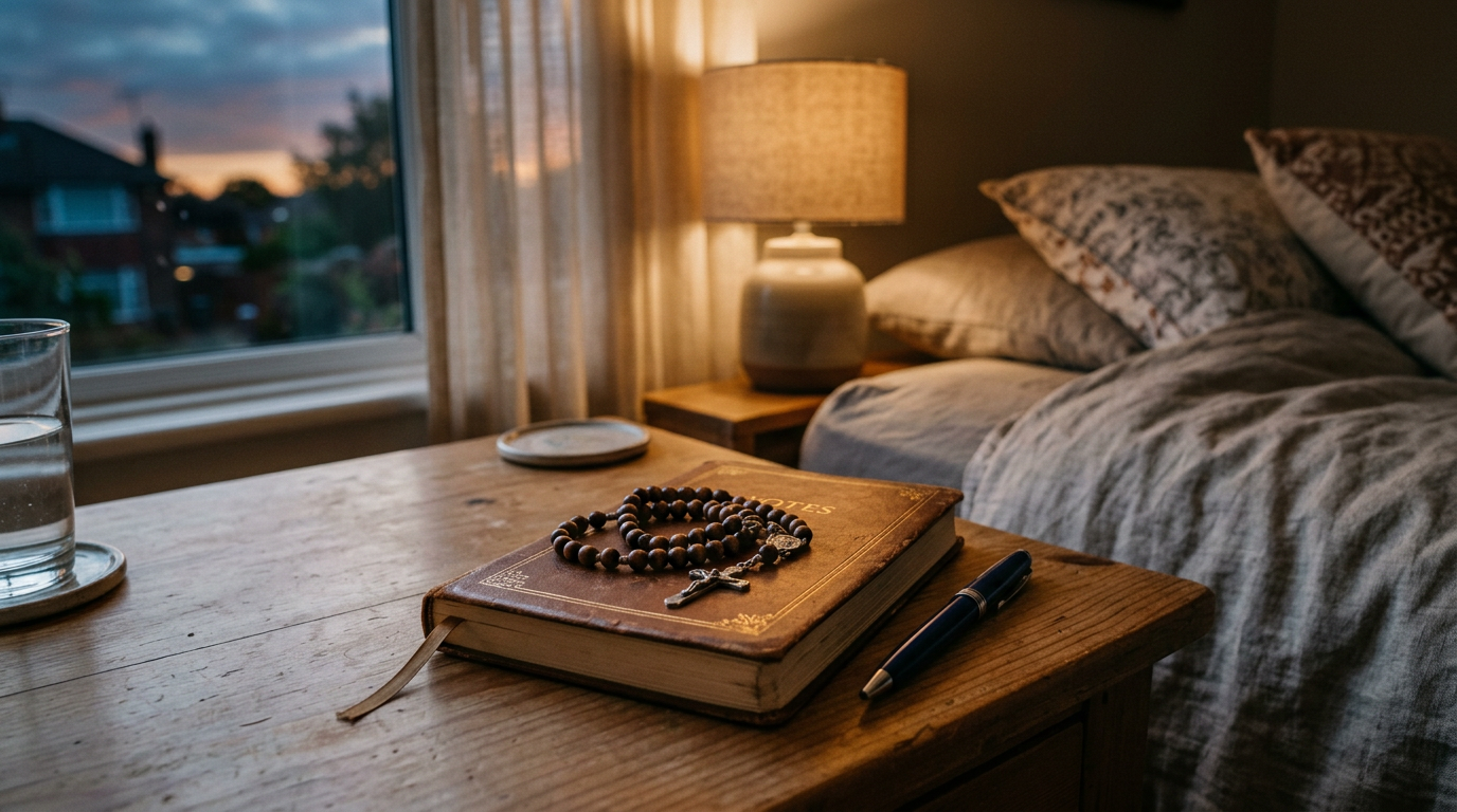 Caderno aberto, caneta e terço de madeira sobre a mesa de cabeceira ao lado de uma luminária acesa
