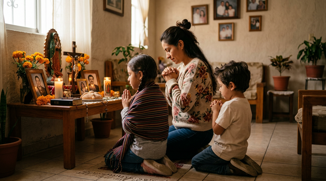 Mãe e duas crianças rezando diante de um pequeno altar doméstico com vela acesa, antes do jantar