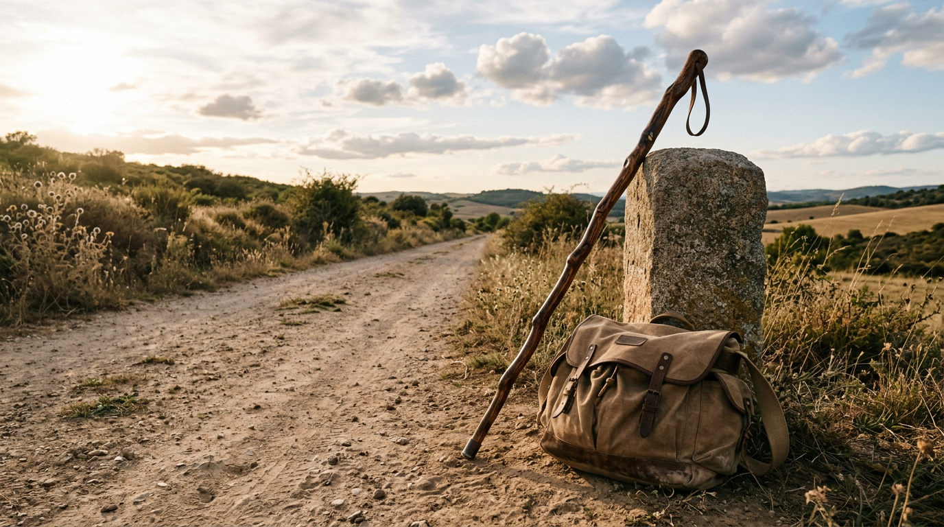 Cajado de madeira e bolsa de viajante ao lado de uma estrada de terra ao entardecer, com oliveiras ao fundo