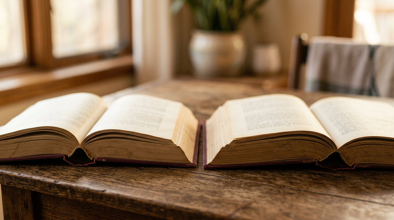 Dois livros abertos lado a lado sobre mesa de madeira, com luz suave de janela