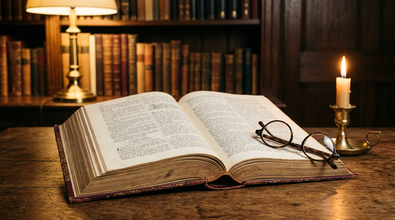 Livro de teologia aberto sobre mesa de madeira com óculos de leitura e vela acesa