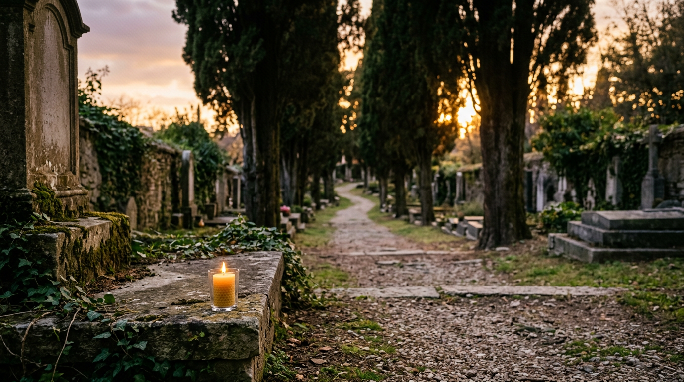 Caminho de cemitério ladeado por ciprestes ao entardecer, com uma vela acesa em primeiro plano