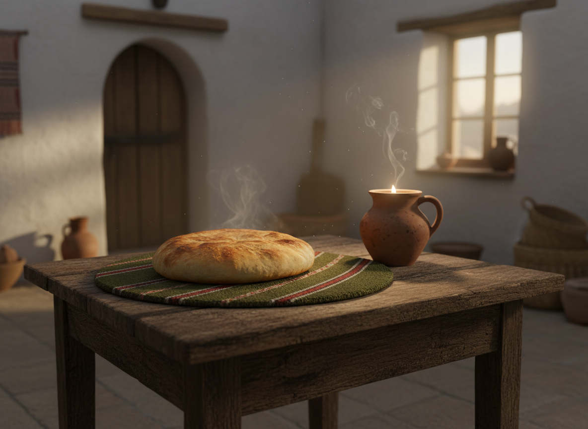 Mesa simples com pão e lamparina de barro, lembrando a família de Jesus e o parentesco de São Judas Tadeu