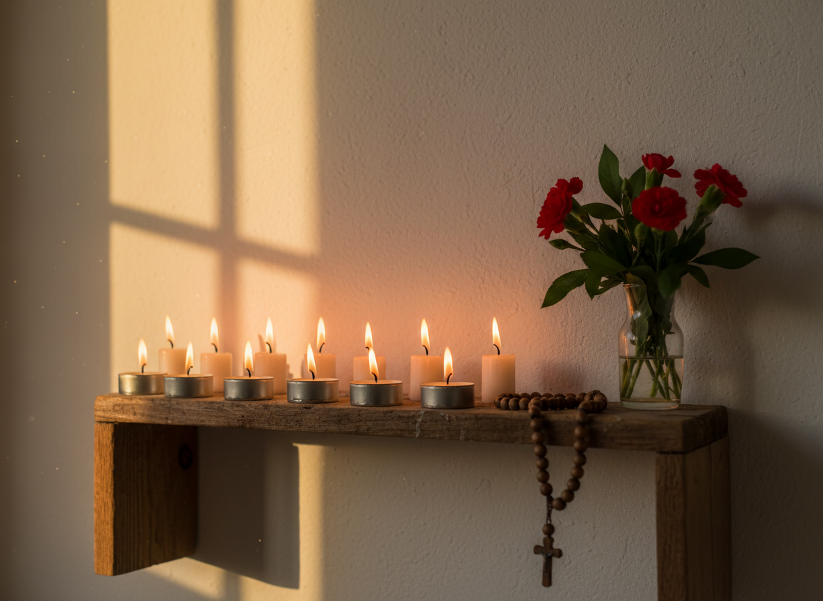 Nove velas acesas num cantinho de oração, lembrando os nove dias da novena de São Judas Tadeu